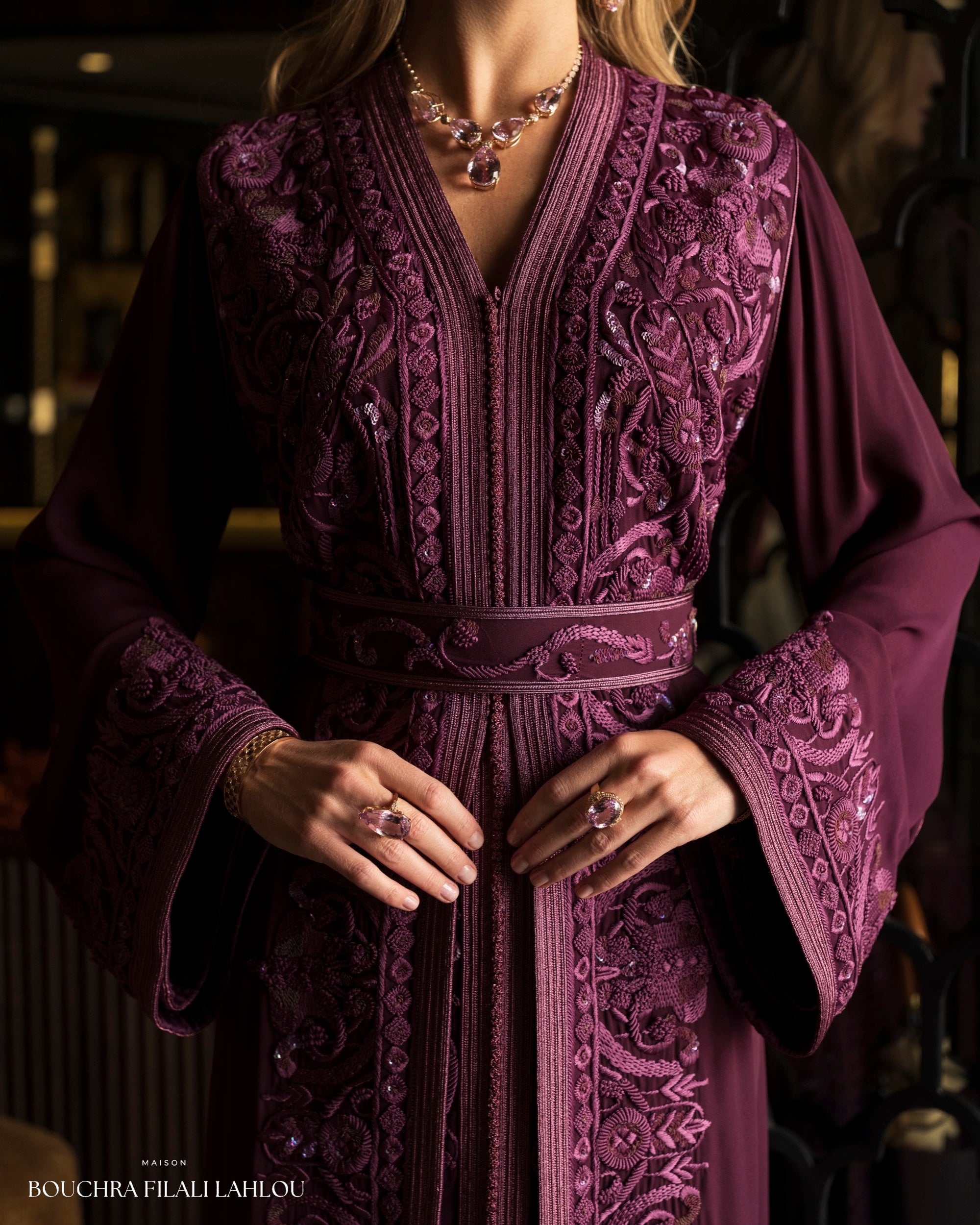 Full length amethyst kaftan silhouette with refined embroidery and formal Moroccan elegance