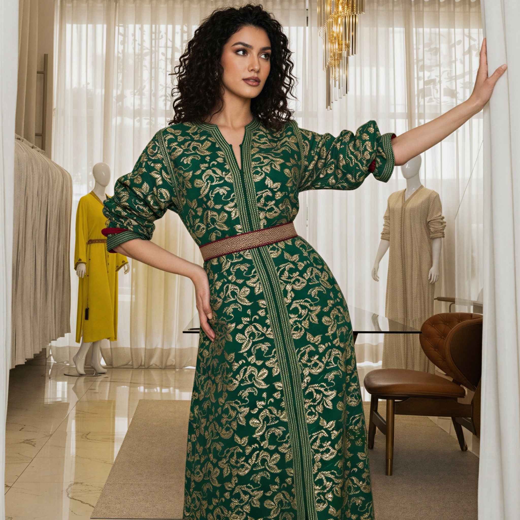 Ivory Dawn kaftan design shown in deep green with gold embroidery, full-length view