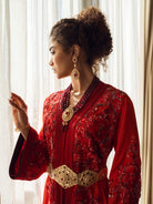 Rubis Souverain ruby red Moroccan kaftan with gold belt and embroidered details
