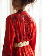Rubis Souverain Moroccan kaftan back view with ruby red embroidery