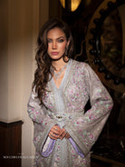 Silver Moroccan caftan detail with lilac mint embroidery and lavender sleeve lining