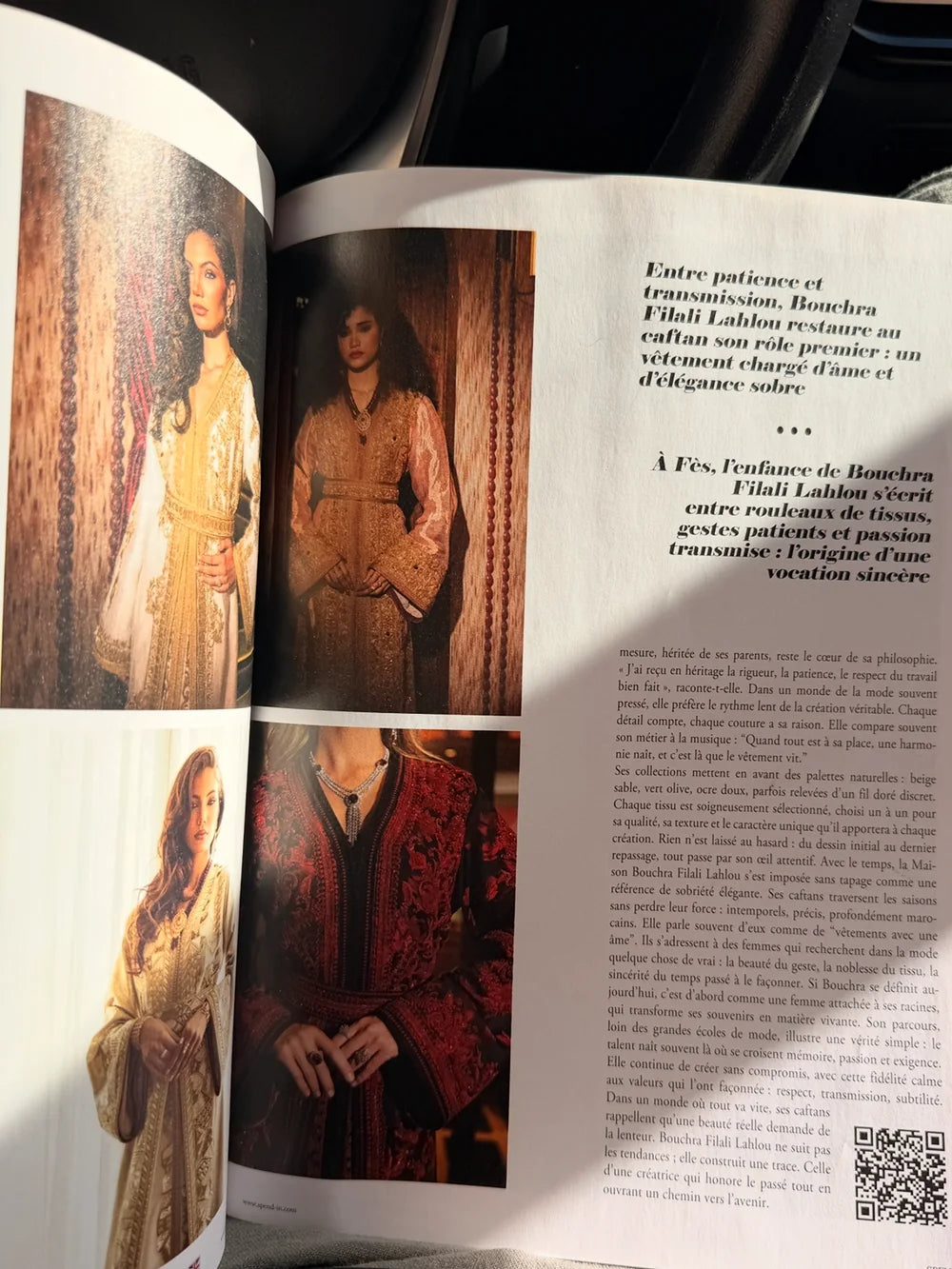 SPEND IN magazine open on Bouchra Filali Lahlou article with Moroccan kaftan photos and printed text